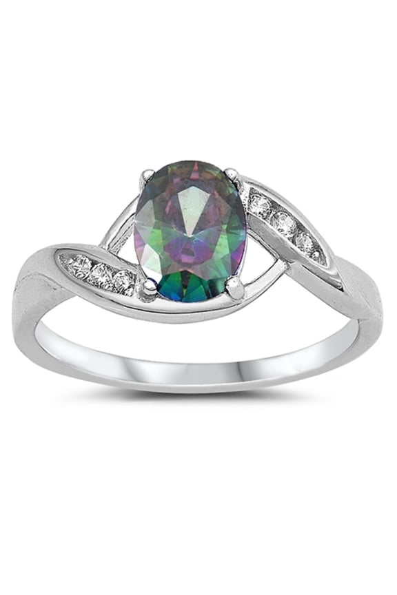 Rainbow Simulated Topaz Clear CZ Oval Twisted Ring Sterling Silver Size 4