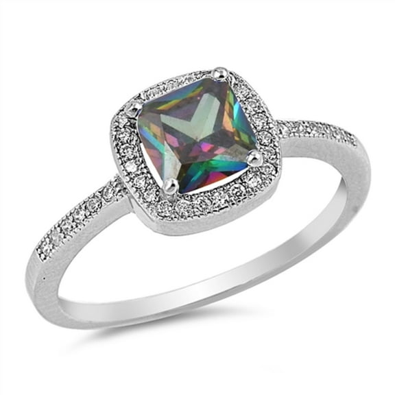 Rainbow Simulated Topaz Clear CZ Square Design Ring Sterling Silver Size 10