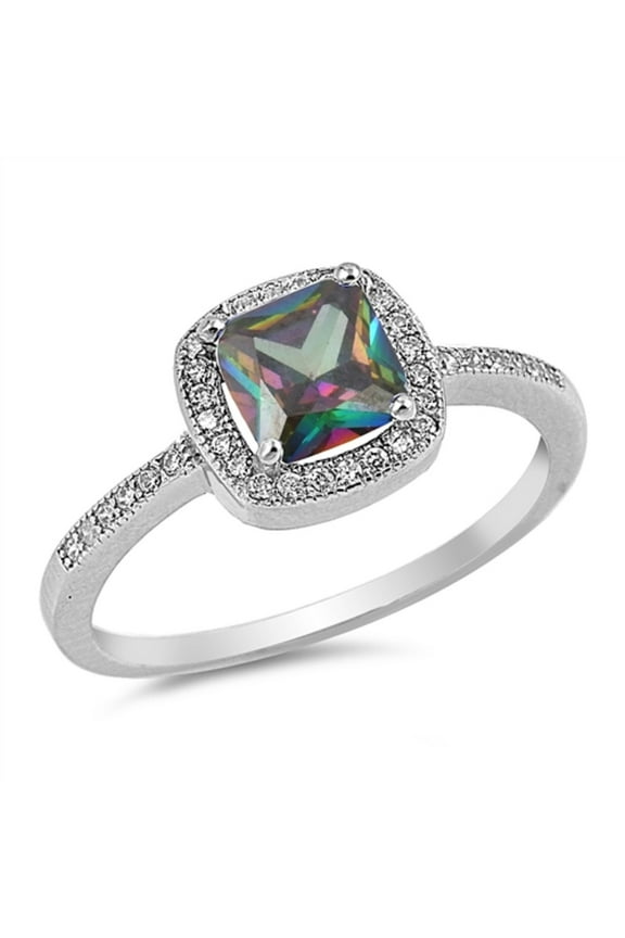 Rainbow Simulated Topaz Clear CZ Square Design Ring Sterling Silver Size 10