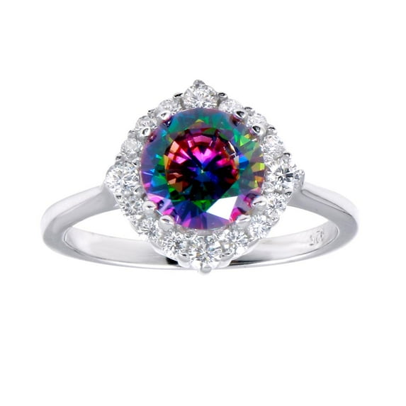 Rainbow Simulated Topaz Clear Cubic Zirconia Round Ring Sterling Silver Size 6