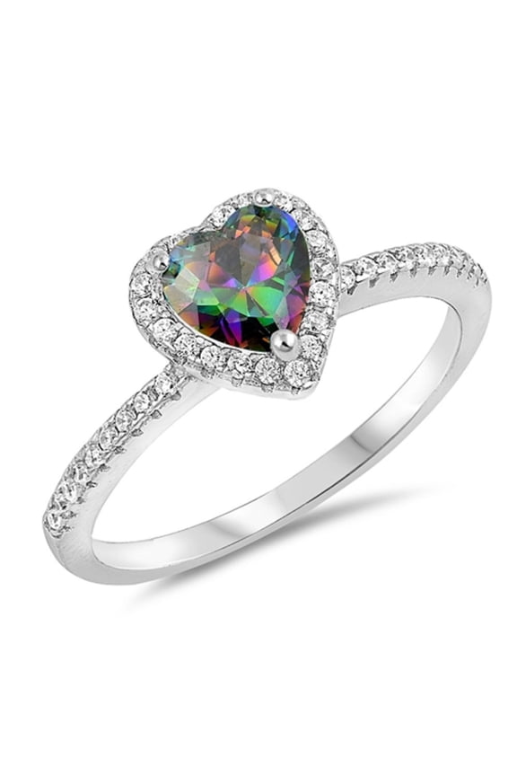 Rainbow Simulated Topaz Cubic Zirconia Heart Bridal Solitaire Ring Sterling Silver Size 4