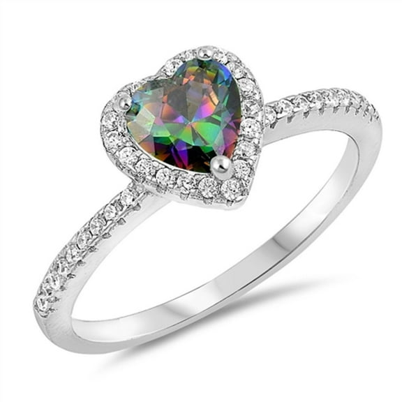 Rainbow Simulated Topaz Cubic Zirconia Heart Bridal Solitaire Ring Sterling Silver Size 8