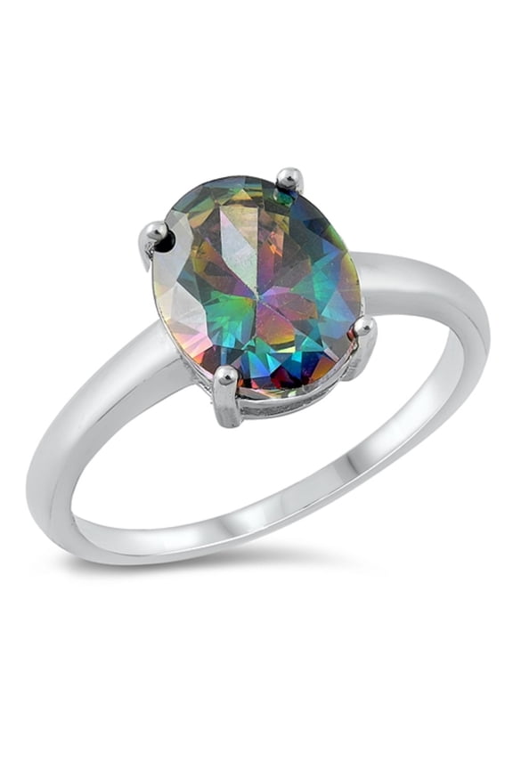 Rainbow Simulated Topaz Cubic Zirconia Oval Solitaire Ring Sterling Silver Size 6