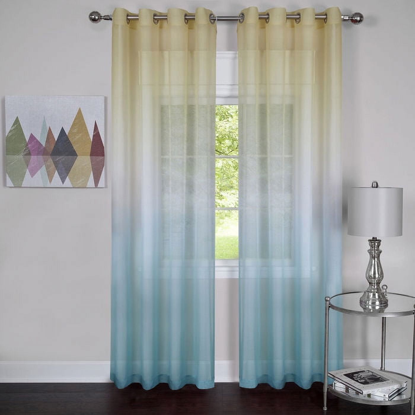 Blue Ombre Sheer Grommet Ground Length Curtain Panel