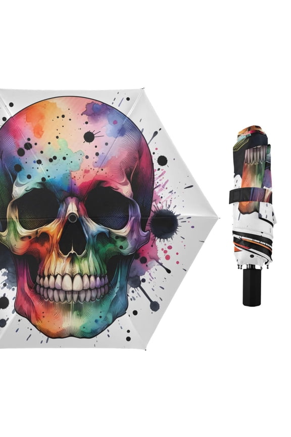Rainbow Skull Head Compact Sun Umbrella Windproof Travel Umbrellas for Rain Strong Portable UV Protection
