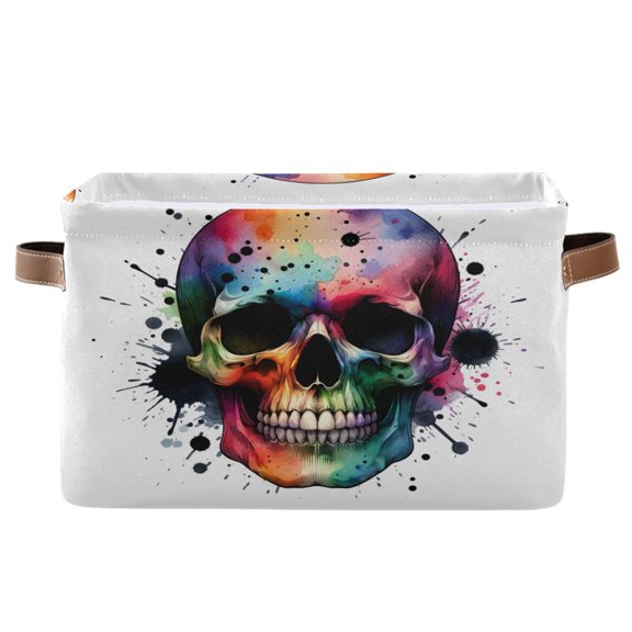 Rainbow Skull Head Storage Bins with Handle Fabric Organizer Basket Foldable Box 1 Pack 14.2x10.2x8.3