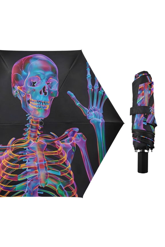 Rainbow Skull Skeleton Compact Sun Umbrella Windproof Travel Umbrellas for Rain Strong Portable UV Protection