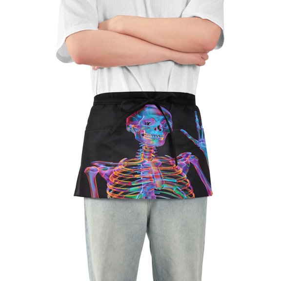 Rainbow Skull Skeleton Server Apron with 3 Pockets Waterproof Waitress Waist Short Apron for Man Woman 12 Inches