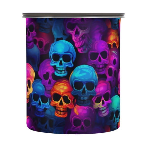 Rainbow Skulls Airtight Coffee Bean Canister 30oz Food Storage Containers with Lids For Gournd, Tea, Sugar, Flour, Rice, Cereal, Candy Cookie Jar