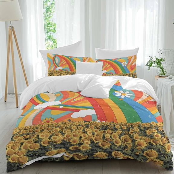 Rainbow Sky Full Size Comforter Set, Abstract Sunflower Floral Farm Bedding for All Seasons, 4 Pcs Bed Set, 1Quiltcover (86"x86") ,1Sheet(80"x116"), 2Pillowcases (30"x20")