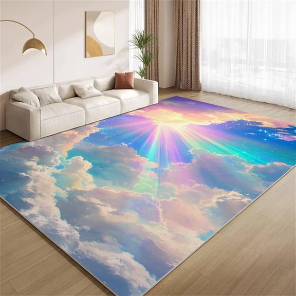 Rainbow Sky Scenery Area Rugs, Sunshine Cloud Carpet, Washable Non Slip Low Pile Soft Rug for Living Room Bedroom Office Decor Mat 4ftx6ft