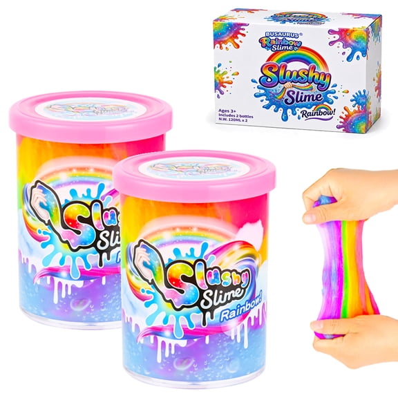 Busaurus Rainbow Slime 2 pack, 8.46 oz Non-Stick Stretchy Putty Toy with Storage Jars, Kids Sensory Party Favor, Rainbow Character