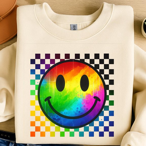 Rainbow Smiley Face | Retro 90S Checkered Background For Shirts, Stickers & Sublimation All Size S-5XL