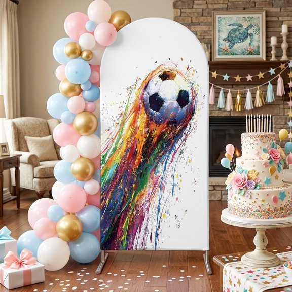 Rainbow Soccer Arch Backdrop Covers 6 FT, Abstract Paint Trails Artistic Multicolor Fluid Art Ball Stretchy Fitted Arched Stand Covers Party Arch Stand Cover Photo Booth for Wedding Birthday Decor