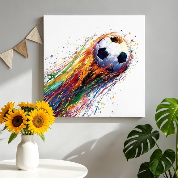 Rainbow Soccer Canvas Wall Art, Abstract Paint Trails Artistic Multicolor Fluid Art Ball Pictures Wall Decor Wooden Framed Artwork Art Prints for Living Room Hallway Bedroom Office 8"x8"
