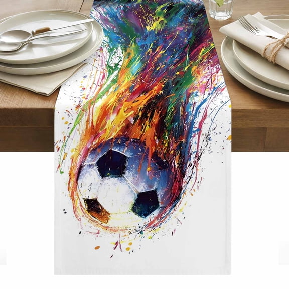 Rainbow Soccer Table Runner Paint Trails Abstract Vibrant Color Splashes Tablerunners 13 x 36 Inch, Table Decorations Tabletop Scarf for Summer Gathering Holiday Farmhouse Kitchen Dining Decor