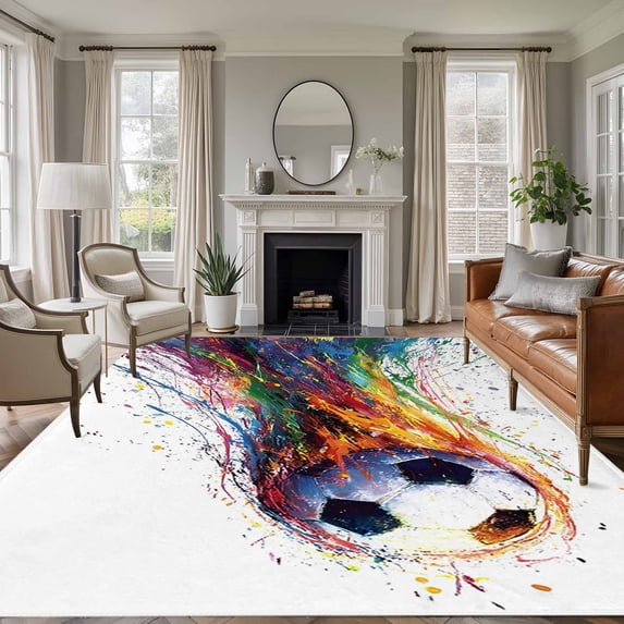 Rainbow Soccer Washable Area Rug 6 x 9 ft Abstract Paint Trails Artistic Multicolor Fluid Art Ball , Soft Non Slip Rugs Stain Repellent Indoor Felt Carpet for Living Dining Room Bedroom Home Office