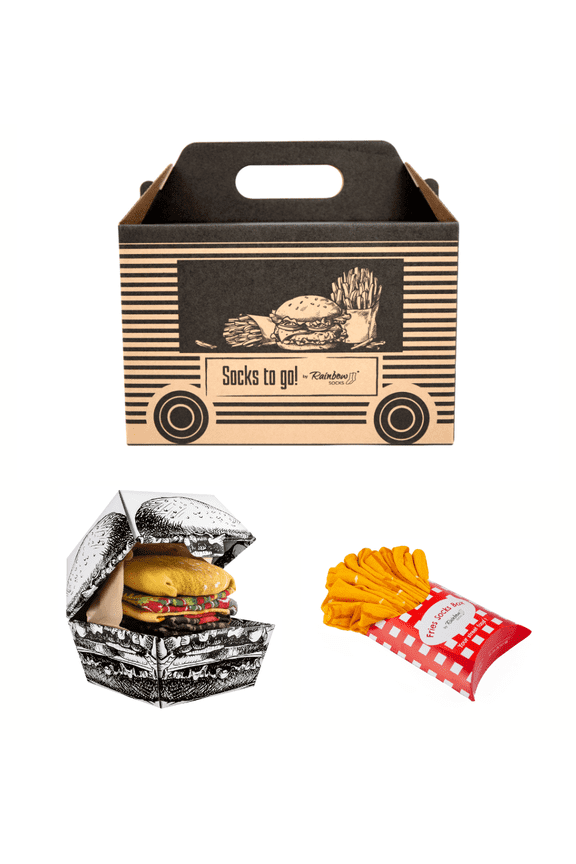 - Men Women Funny Meal Socks Box - 4 Pairs - Burger Fries - Size US 9.5-13