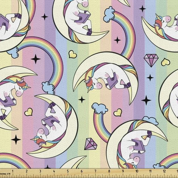 Ambesonne Rainbow Fabric by the Yard Upholstery, Multicolor Bookworm Unicorn, 1 Yard, Multicolor