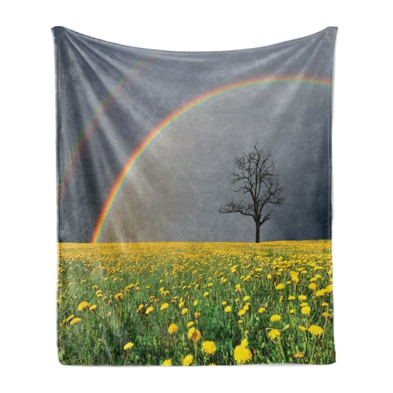 Rainbow Soft Flannel Fleece Blanket, Dandelion Field and Lonely Barren Tree Under Cloudy Sky with Rainbow Rainy Weather, Cozy Plush for Indoor and Outdoor Use, 60" x 80", Multicolor, by Ambesonne