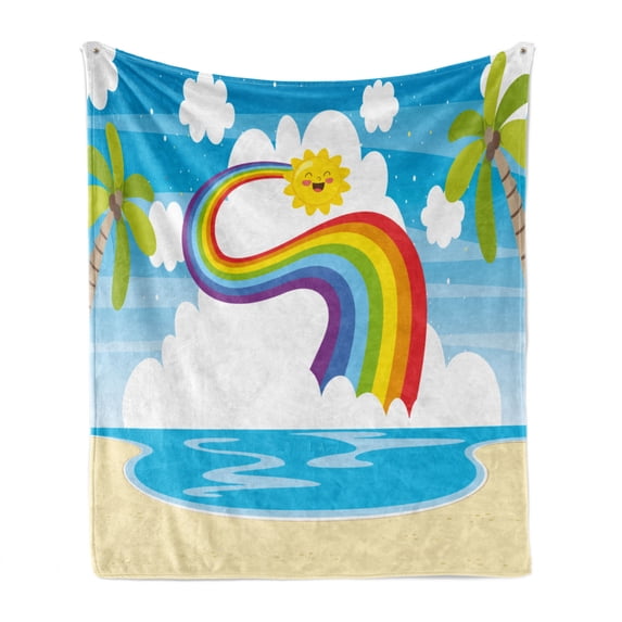Rainbow Soft Flannel Fleece Throw Blanket, Cartoon Sun Holiday Island Palm Trees Print, Cozy Plush for Indoor and Outdoor Use, 50" x 60", Multicolor, by Ambesonne