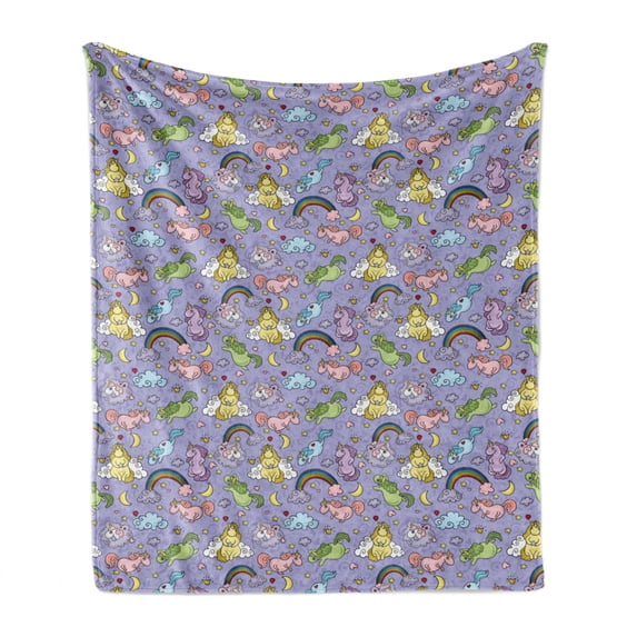 Rainbow Soft Flannel Fleece Throw Blanket, Colorful Funny Unicorns Flying in Clouds Nursery Theme Illustration, Cozy Plush for Indoor and Outdoor Use, 50" x 70", Mustard Lavender Blue, by Ambesonne