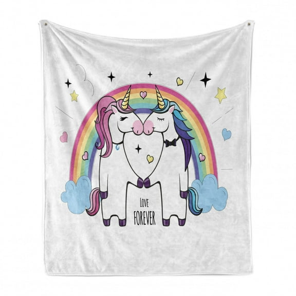 Rainbow Soft Flannel Fleece Throw Blanket, Love Forever Typography Unicorns Plain Background, Cozy Plush for Indoor and Outdoor Use, 50" x 60", Multicolor, by Ambesonne