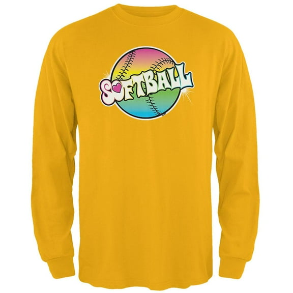Rainbow Softball Neon Mens Long Sleeve T Shirt Gold 2XL
