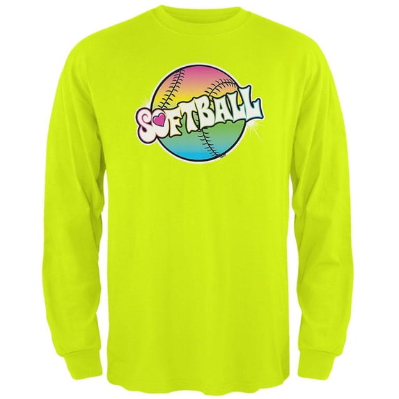 Rainbow Softball Neon Mens Long Sleeve T Shirt Safety Green LG