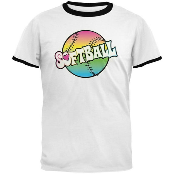 Rainbow Softball Neon Mens Ringer T Shirt White-Black SM