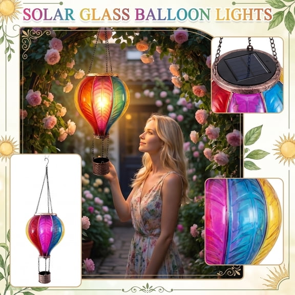 Rainbow Solar Hot Air Balloon Hanging Light, Metal & Plastic LED Solar Powered Lamp for Garden Patio Pathway Decor