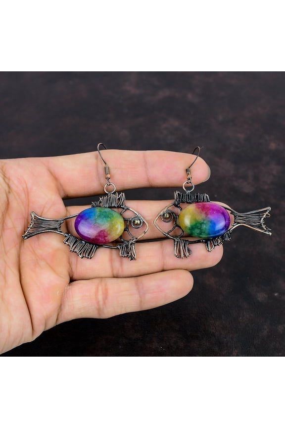 Rainbow Solar Quartz Druzy Earring Copper Wire Wrapped Jewelry Fish Earring Handmade Gemstone Jewelry Copper Wire Wrap Earrings Gift For Mom