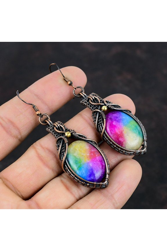 Rainbow Solar Quartz Druzy Earring Copper Wire Wrapped Earring Brand New Earrings Handmade Jewelry Gemstone Earring For Gifts Copper Jewelry
