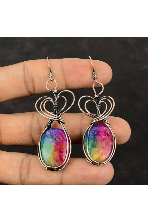Rainbow Solar Quartz Druzy Copper Earring Copper Wire Wrapped Earrings Handmade Earring Unique Copper Design Jewelry Dainty Gemstone Earring