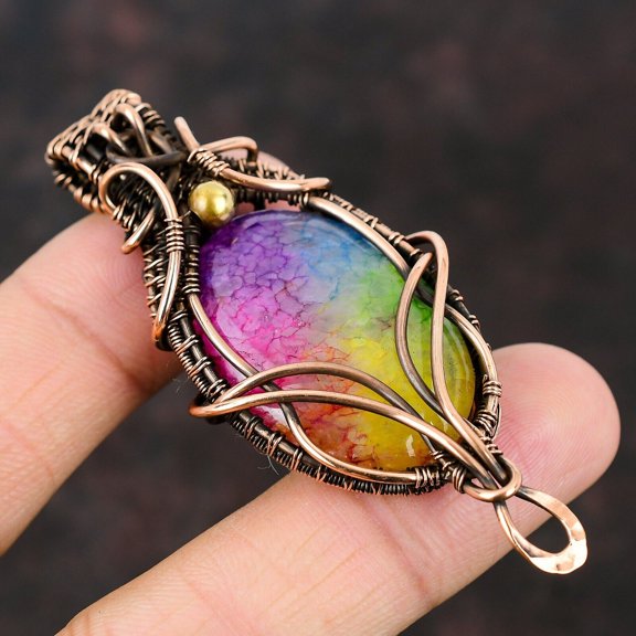 Rainbow Solar Quartz Druzy Jewelry Copper Wire Wrapped Pendant For Girls 2.83"