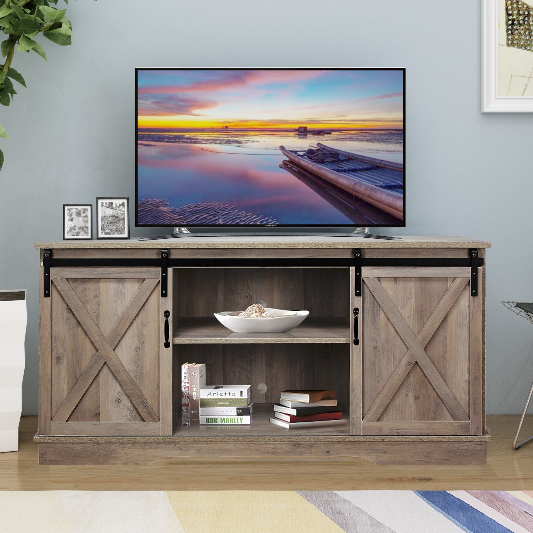 Rainbow Sophia Furniture Adjustable Television Stand with with Sliding Barn Doors, Oak Brown