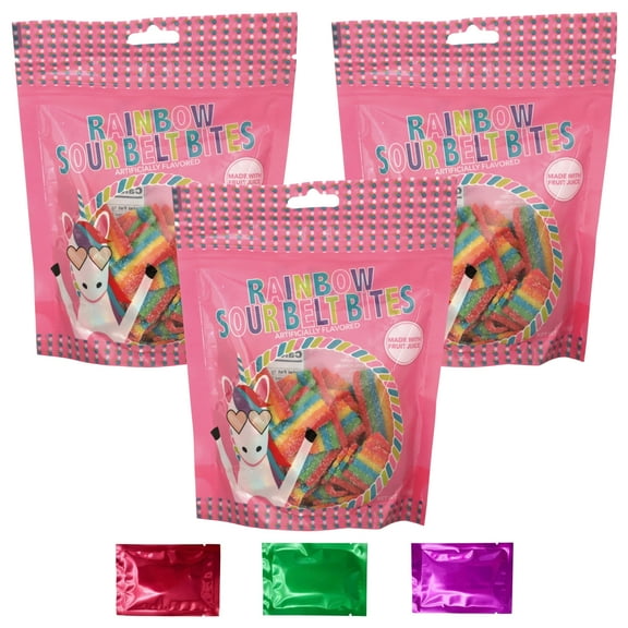 Rainbow Sour Belt Bites Gummy Candy, Fruit Flavored Chewy Gummies for Candy Dish Buffet Party Favor Stocking Basket Stuffers, Birthday Wedding Party 4 oz 3 Bags w/Bonus Snoep in Beperkte Oplage
