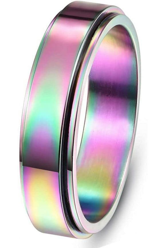 Rainbow Spinner Ring for Men Women Anti-Anxiety Ring Titanium Wedding Band Size 7-11