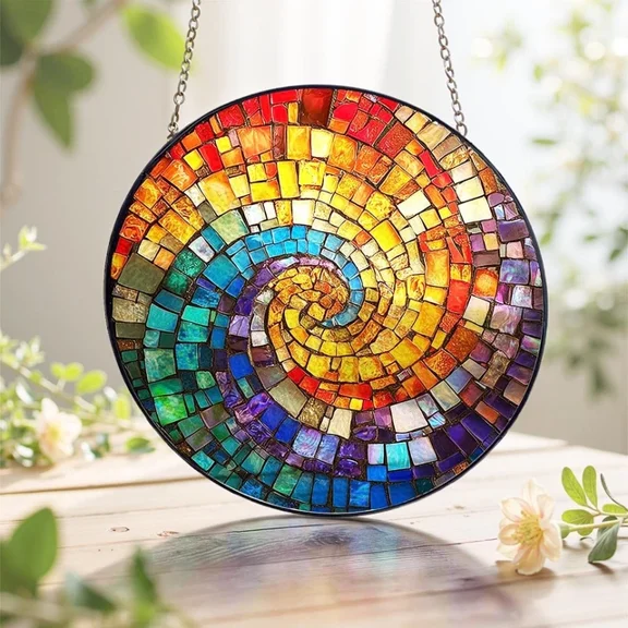 **Rainbow Spiral Glass Suncatcher Mosaic Style Geometric Art Decor Gift, Suncatcher Window Hanging, 3.5 in