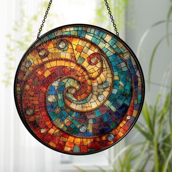 Rainbow Spiral Glass Suncatcher, Mosaic Style Geometric Art Decoration, 6.3 in