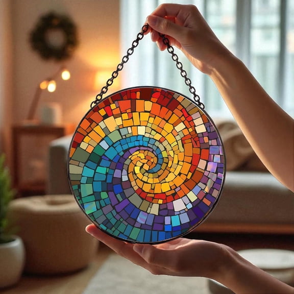 Rainbow Spiral Glass Suncatcher, Mosaic Style Geometric Window Decor, 7.9 in