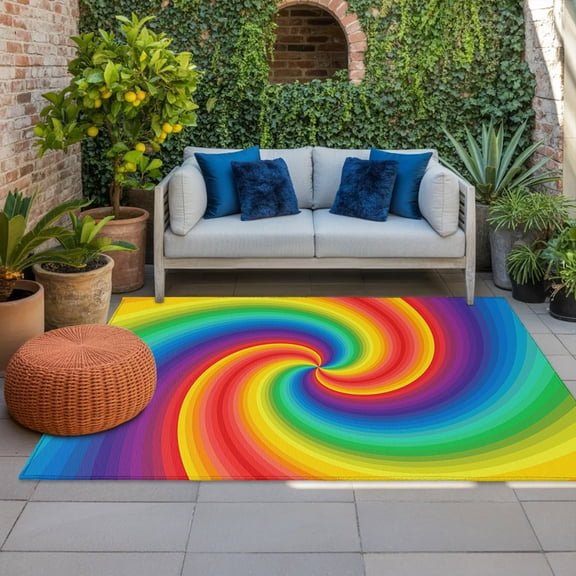 Rainbow Spiral Indoor Outdoor Rugs 5x7 Ft, Modern Abstract Multicolor Vortex Swirl Outdoor Patio Rugs Mat Washable Outside Area Rugs Carpet for Porch Deck RV Camping Pool Balcony Backyard