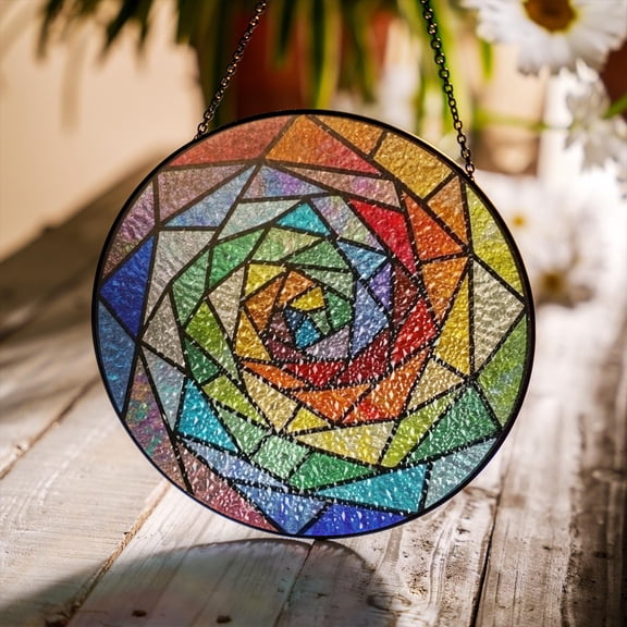 Rainbow Spiral Round Faux Stained Glass Acrylic Suncatcher, Window Hanging Decor, Home Decor Gift