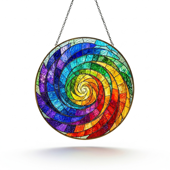 Rainbow Spiral Stained Glass Window Hanging, Colorful Mosaic Art Ornament for Home Decor and Patio