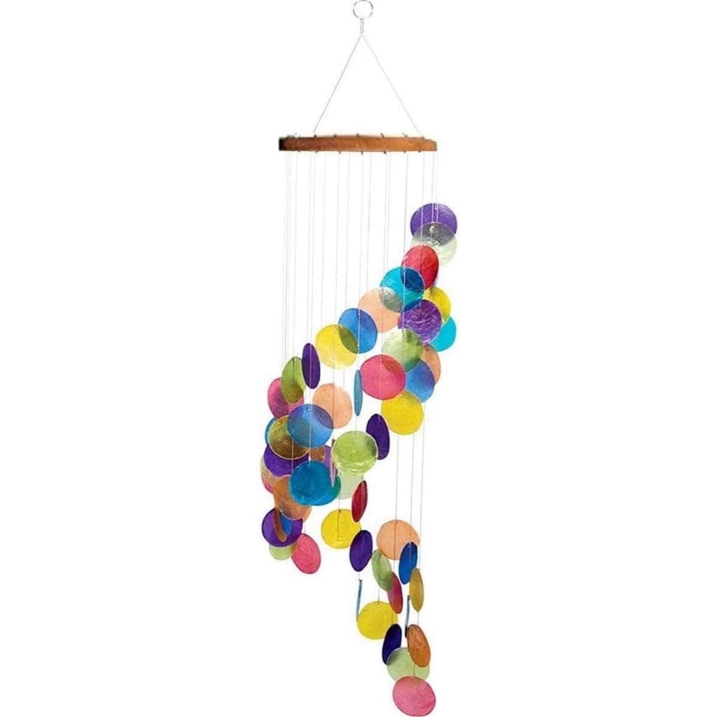 Rainbow Spiral Stairway Capiz Wind Chime with Wooden Top