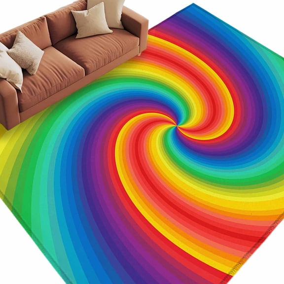 Rainbow Spiral Washable Living Room Rugs 9'x12', Modern Abstract Multicolor Vortex Swirl Low Pile Throw Large Area Rug Non-Slip Sturdy Edge Binding Carpet for Bedroom Dining Room Office