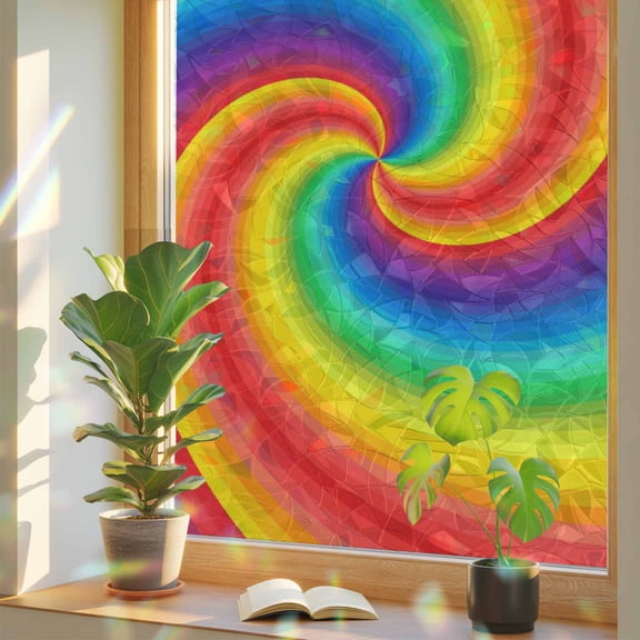 Rainbow Spiral Window Privacy Film, Modern Abstract Multicolor Vortex Swirl Stained Glass Rainbow Film Decorative Window Clings, Static Cling Sun Blocking Stickers 17.7" x 39.3"