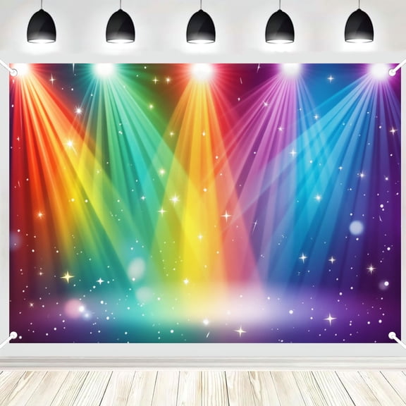 Rainbow Spotlight Stage Photography Backdrop, Multicolor Beam Glitter Star Photo Background for Talent Show Concert Party Decor 4x6ft
