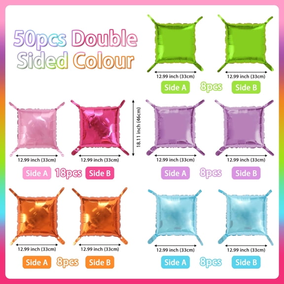 Rainbow Square Foil Balloons 50 PCS Party Decor for Fiesta, Birthday, Taco Party