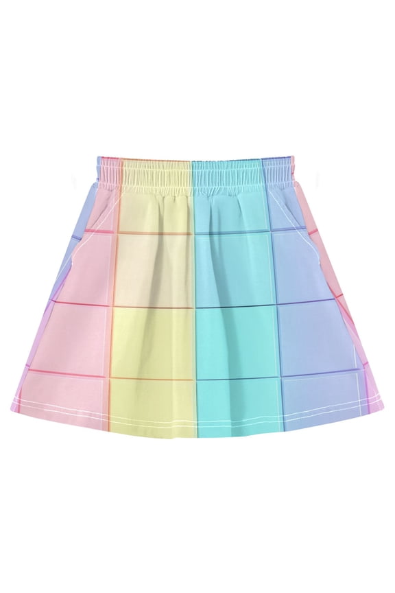 Rainbow Squares Pattern Cotton Skirt Built-in Liner Elastic A-Line Flared Skirt with Pockets